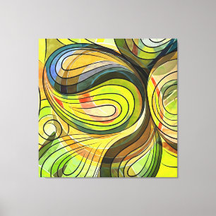 Toile Doodle jaune et marron automnal avec lignes noires