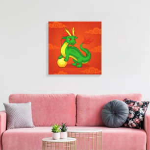 Toile Dragon Chinois Vert sur Fond Rouge