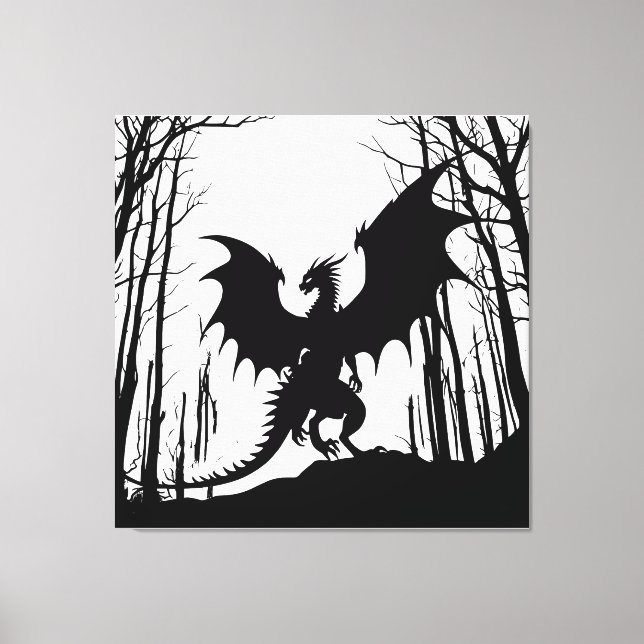 Toile Dragon noir en silhouette sur blanc - Imaginaire | (Recto)