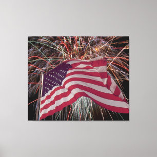 Toile Drapeau américain et feux d'artifice