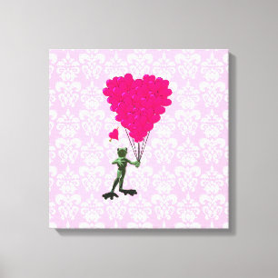 Toile Drôle dessin de grenouille & coeur rose sur damask