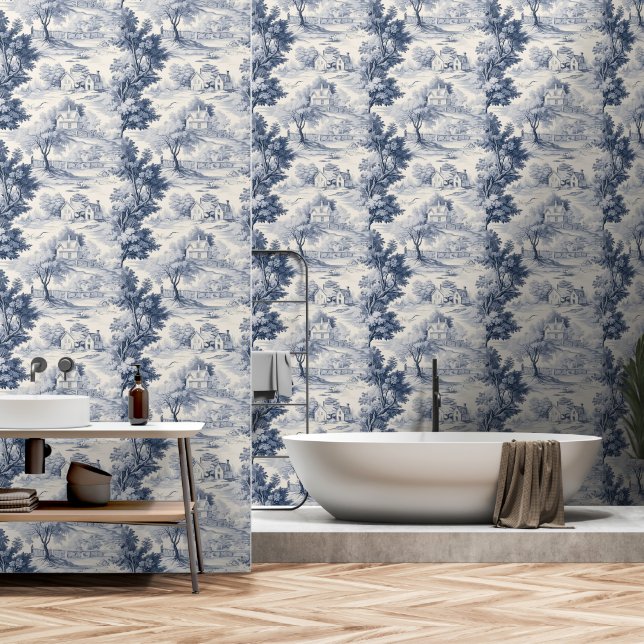 Toile du Jouy Blue Faux French  Wallpaper (Bathroom)