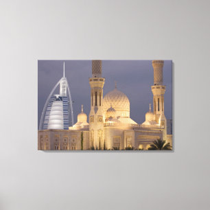 Toile EAU, Dubaï. Mosquée en soirée avec Burj al Arab