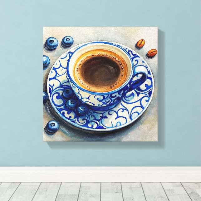 Toile Elegant Blue Coffee Cup with Blueberries – Realist (Insitu (Plancher de Bois))