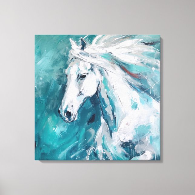 Toile Elégant Cheval Blanc Art sur Arrière - plan Bleu (Recto)