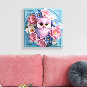 Toile Elégant Chouette avec des accents floraux - Rose d
