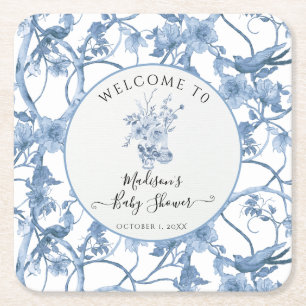 Toile Elegant Floral Blue and White Baby Shower Square Paper Coaster