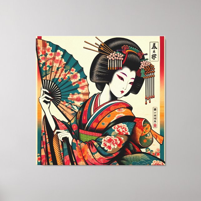 Toile Elegant Geisha avec ventilateur en Ukiyo-e Art (Recto)