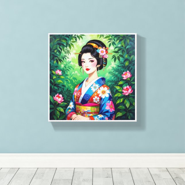 Toile Elegant Geisha Wall Art - Floral Kimono Portrait (Insitu (Plancher de Bois))