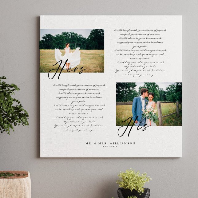 Toile Élégant ses et ses Mariages Vows minima deux photo (Elegant His & Hers Wedding Vows Minimal Two Photo Canvas Print)