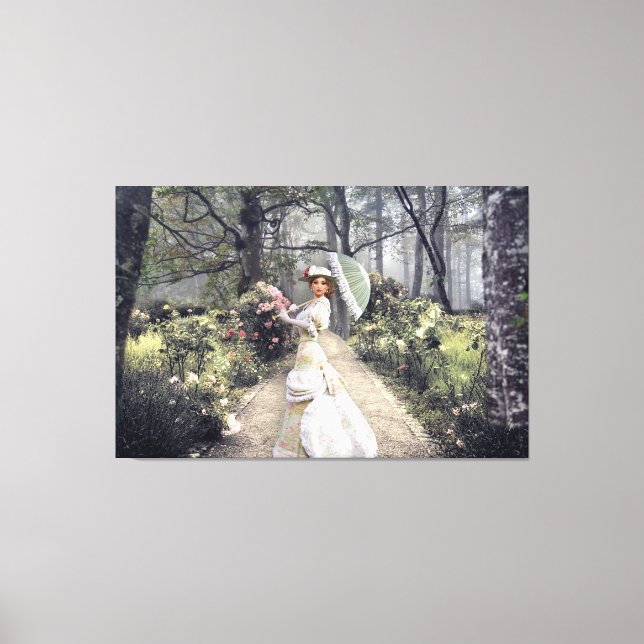 Toile Elégante Dame Avec Parapluie Par Le Bois (Recto)