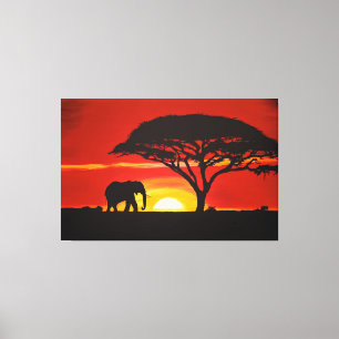 Toile Eléphant africain, Coucher de soleil, Afrique, Déc
