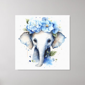 Toile Eléphant Bébé - Couronne Fleur Bleue
