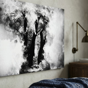 Toile Éléphant d'Afrique Aquarelle Noir et Blanc