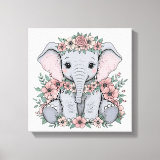 Toile Eléphant mignon bébé aux fleurs roses