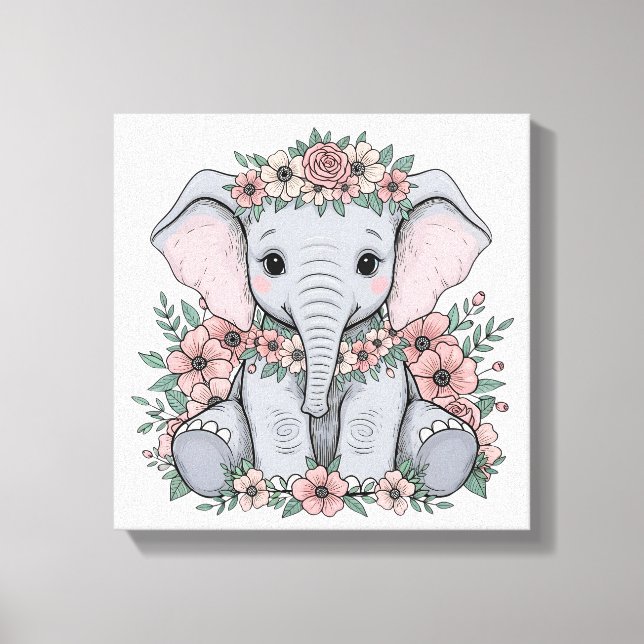 Toile Eléphant mignon bébé aux fleurs roses (Recto)