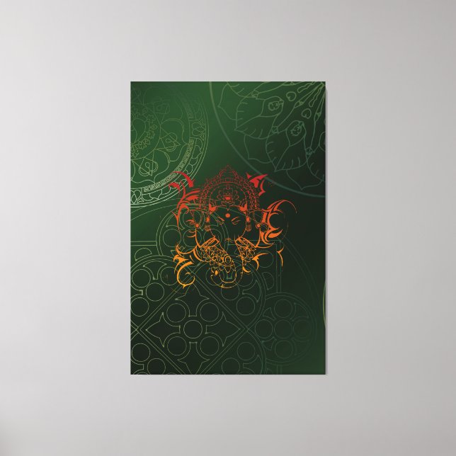 Toile Eléphant vert jaune orange Ganesha Mandala (Recto)