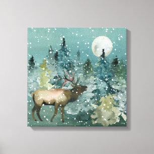 Toile Elk majestueux dans la Pleine lune forestière neig