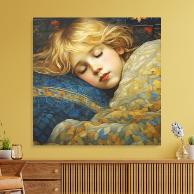 Toile Enfant endormi rêveur dans une couverture florale (Insitu(Salon))
