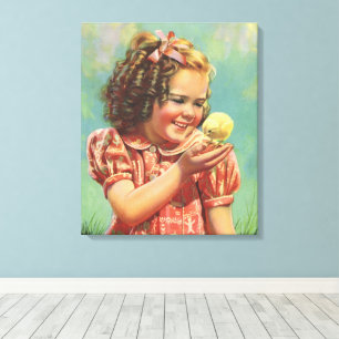 Toile Enfant Vintage, Sourire Heureux, Fille au Poussin