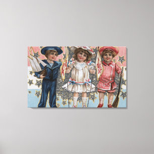 Toile Enfants en bleu, blanc et rose