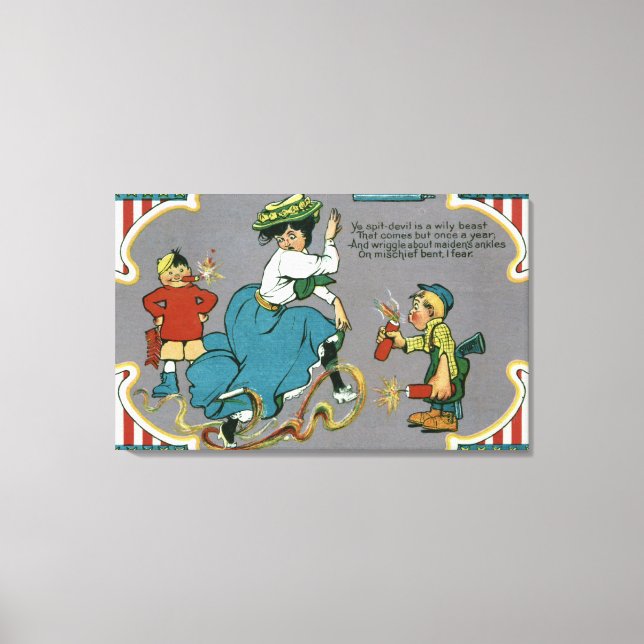 Toile Enfants Tormentant une femme avec des feux d'artif (Recto)