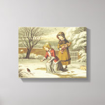 Enfants victoriens d'hiver nourrissant un rouge-go