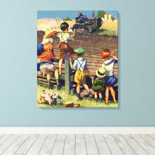 Toile Enfants vintage faisant signe à un agriculteur loc
