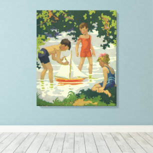 Toile Enfants vintage jouant avec des voiliers jouets su