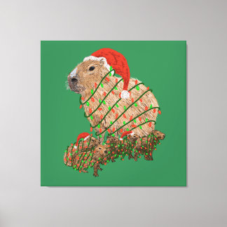 Toile Famille Capybara de Noël enrobée de lumières