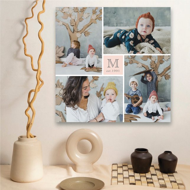 Toile Famille Carré moderne Monogramme Photo Collage Can (Modern Square Family Monogram 4 Photo Collage Canvas @ fat_fa_tin)