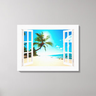Toile Faux Fenêtre avec Plage et Ocean tailles personnal