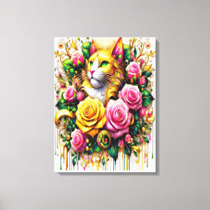 Toile Feline au milieu d'une floraison vibrante18x24