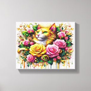 Toile Feline au milieu d'une floraison vibrante 10x8