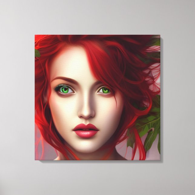 Toile Femme aux cheveux rouges avec feuilles abstrait (Recto)