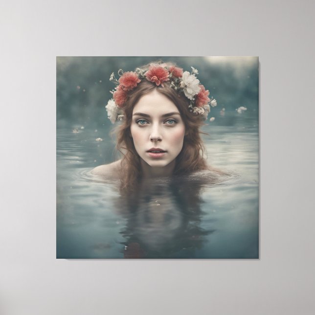 Toile Femme aux fleurs sur la tête flottant dans un étan (Recto)