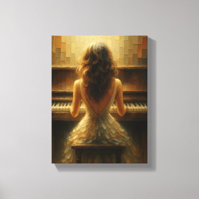 Toile Femme élégante au piano en lumière dorée (Recto)