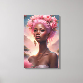 Toile Femme noire dans un jardin de fleurs roses