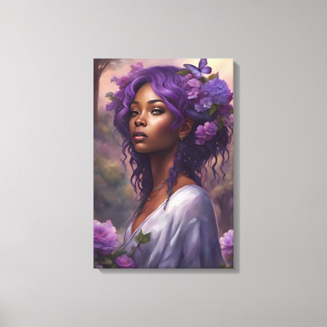 Toile Femme noire dans un jardin de fleurs violettes (Recto)
