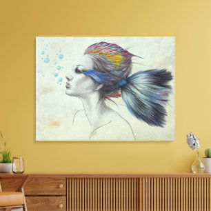 Toile Femme poisson Sirène portrait Dessin surréaliste a