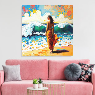 Toile Femme sur la plage Art abstrait de bord de mer 