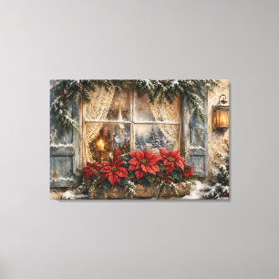 Toile Fenêtre de Noël au Poinsettia enneigé