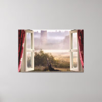 Fenêtre ouverte matinée brumeuse avec chouette de