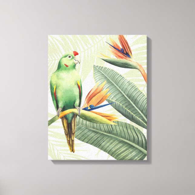 Toile Feuilles De Palmiers Avec Oiseau Vert (Recto)