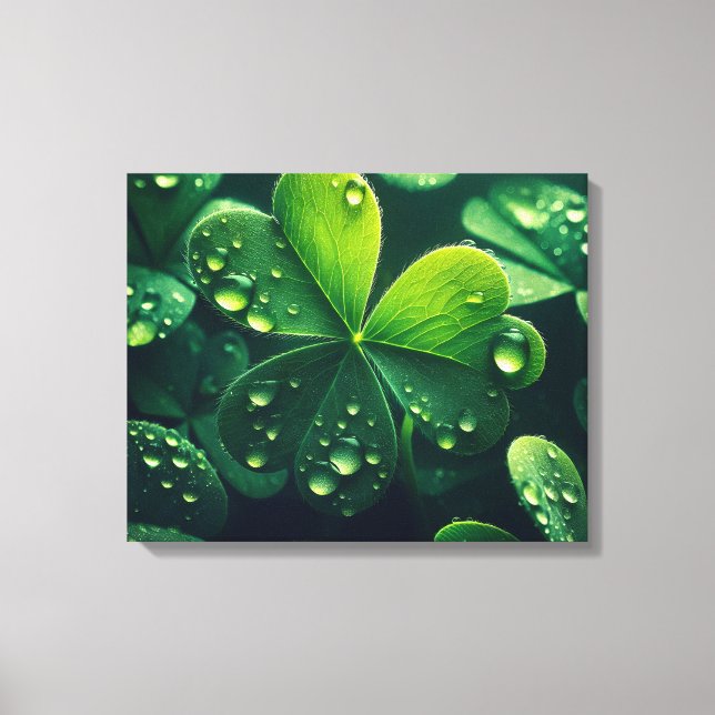 Toile Feuilles de trèfle vert avec gouttelettes d'eau - (Recto)
