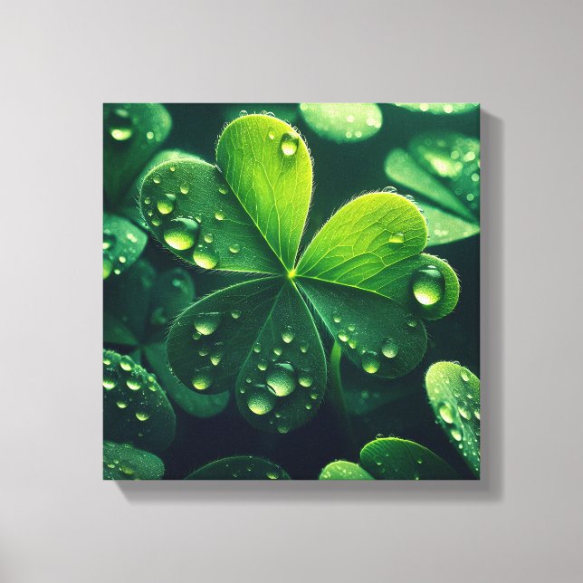 Toile Feuilles de trèfle vert avec gouttelettes d'eau - (Recto)