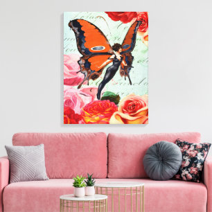Toile Fille Fée Papillon Vintage Rose Fleurie Art