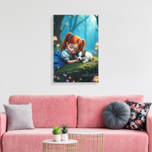 Toile Fille Magique et Chiot dans une Forêt Enchantée