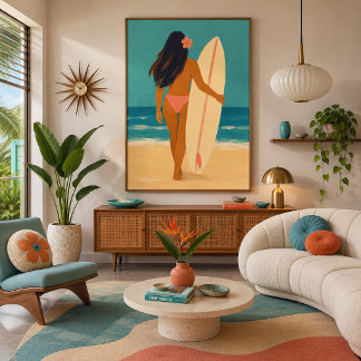 Toile Fille surfeuse de la plage hawaïenne peinte