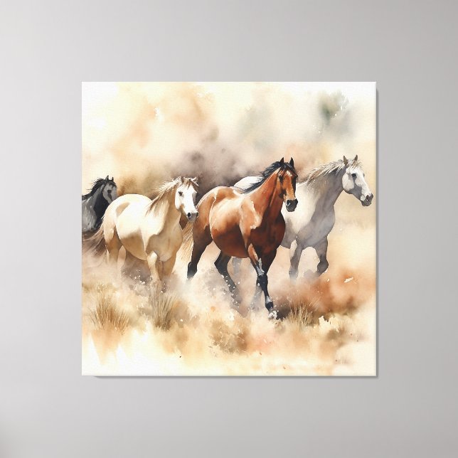 Toile "Five Gallopoping Mustangs" Dusty Western Watercol (Recto)